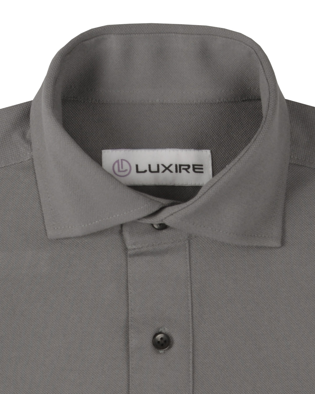 Collar of the custom oxford polo shirt for men by Luxire in soft grey