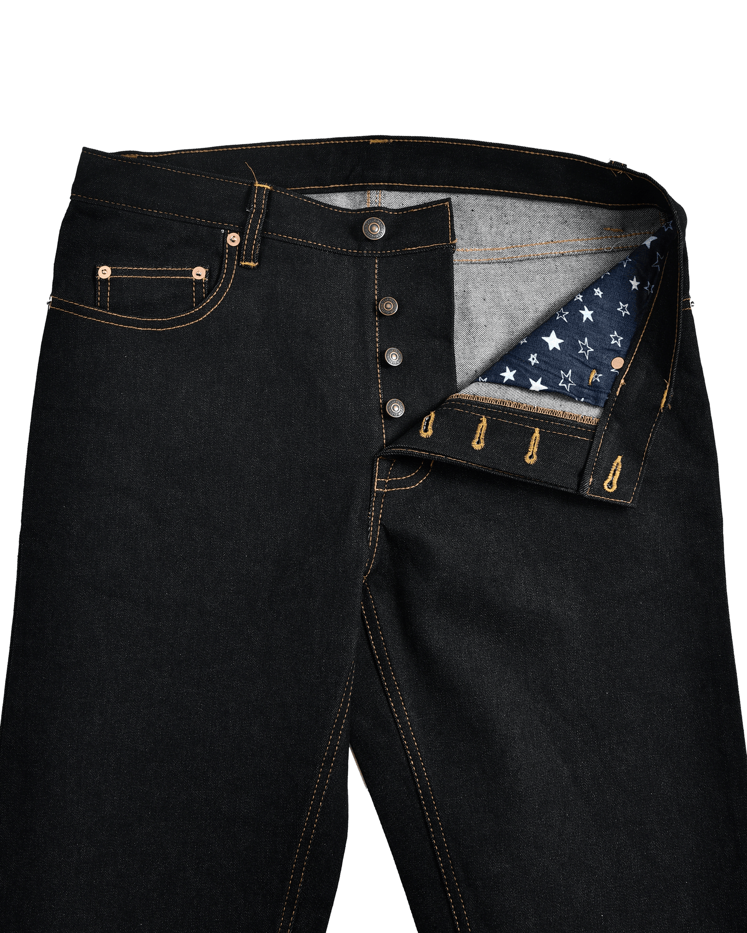 Front open view of raw jeans for men by Luxire in indigo