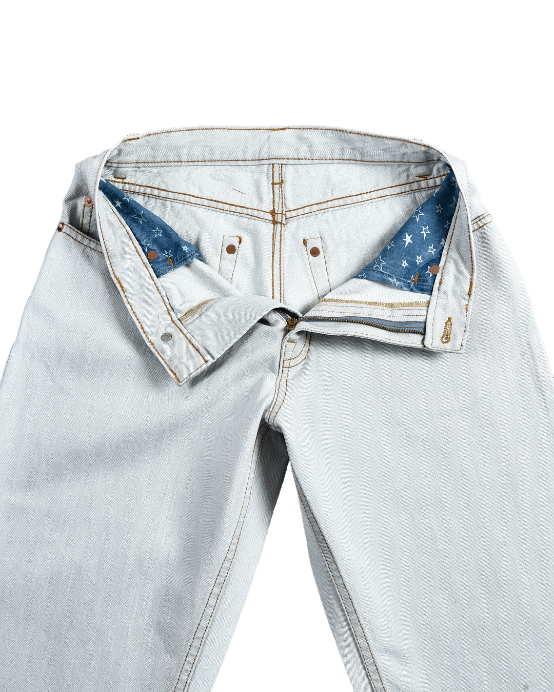 Front open view of mens jeans by Luxire in fade washed indigo with turquoise tint 2