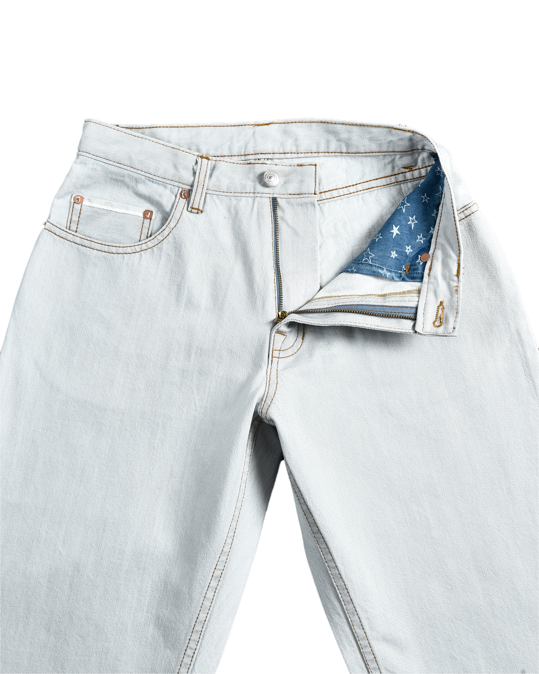 Front open view of mens jeans by Luxire in fade washed indigo with turquoise tint