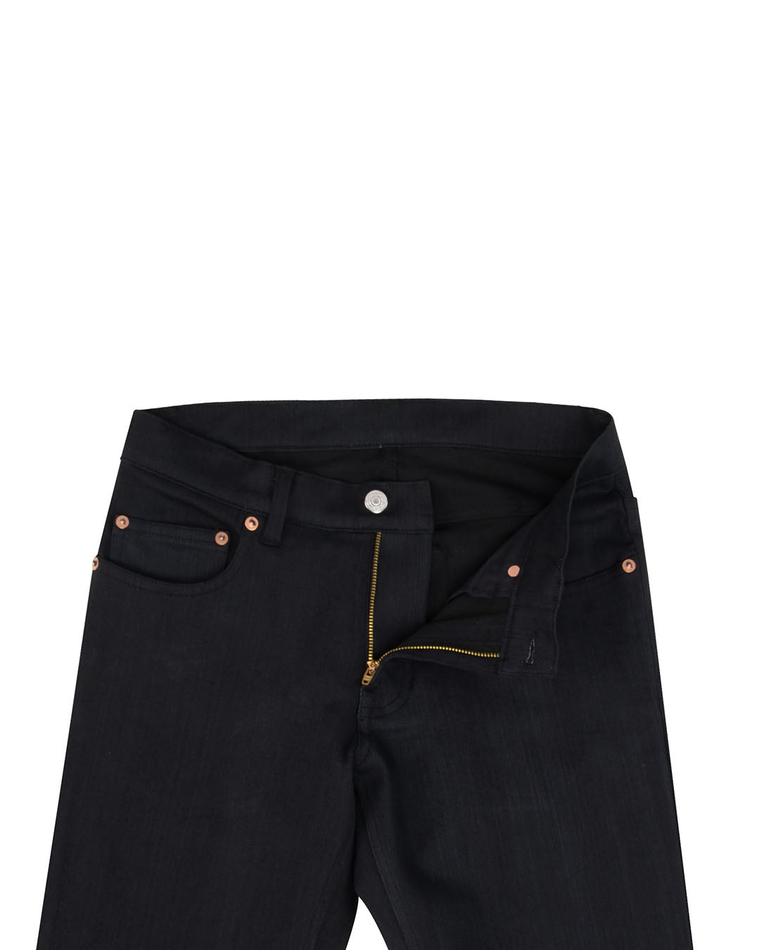Front open view of stretch denim jeans for men by Luxire in black