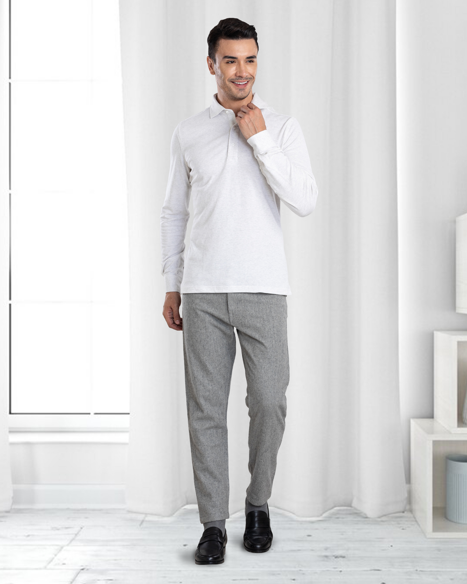 Model wearing mens wool jeans by Luxire in grey 4