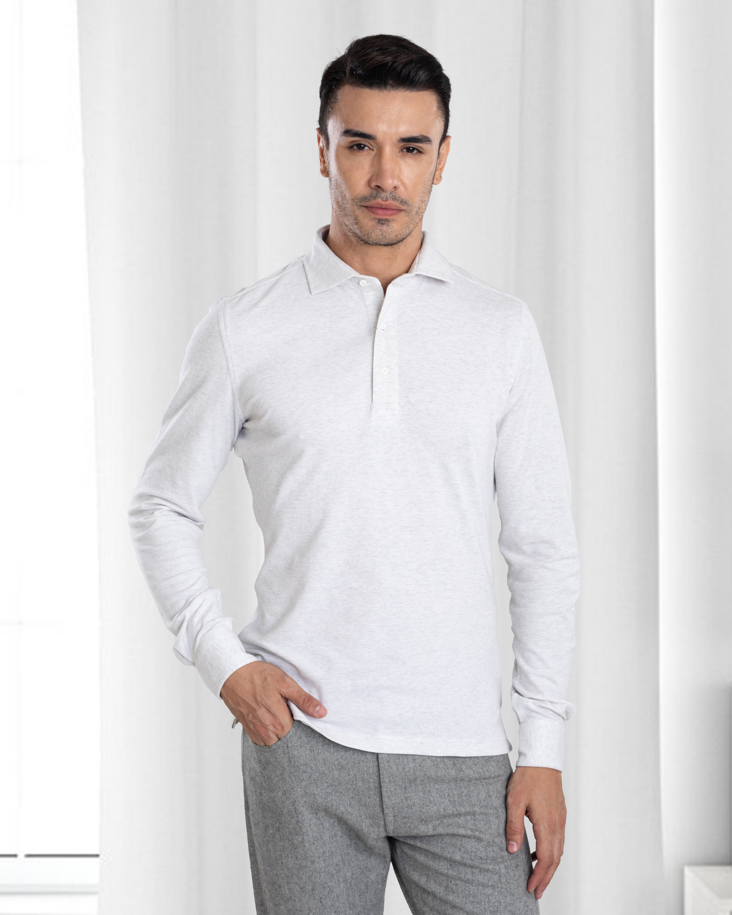 Model wearing mens wool jeans by Luxire in grey 2