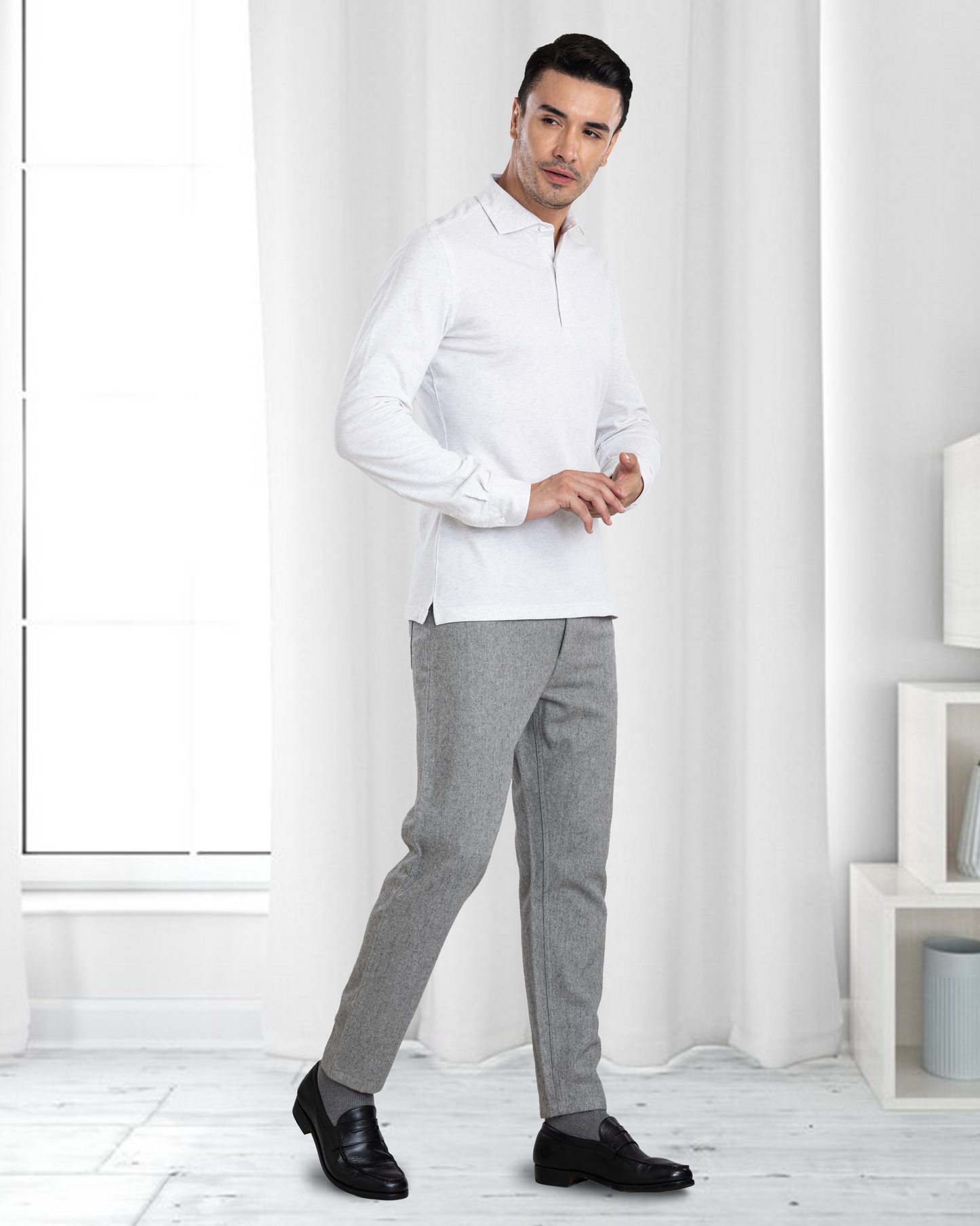 Model wearing mens wool jeans by Luxire in grey 3