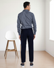 Back of model wearing mens wool jeans by Luxire in navy