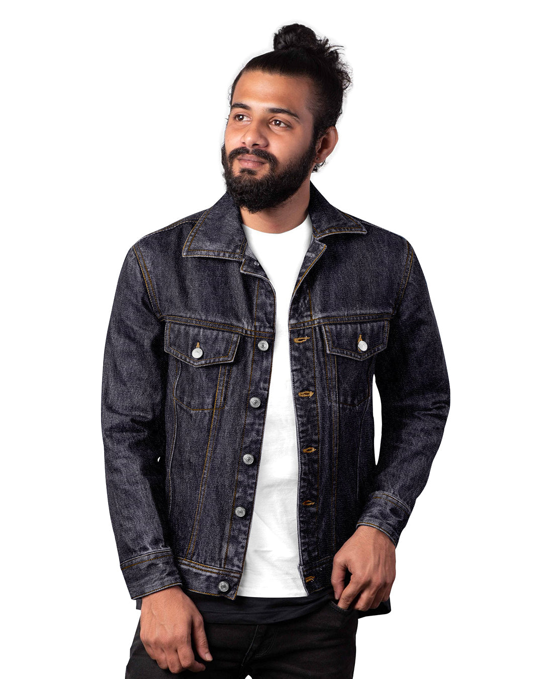 Model wearing the denim jacket for men by Luxire in midnight blue