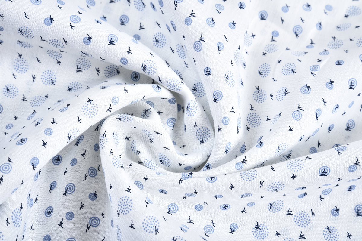 Linen: Blue Printed Birds On White - 5