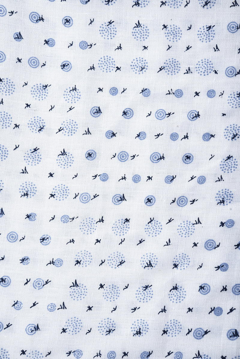 Linen: Blue Printed Birds On White