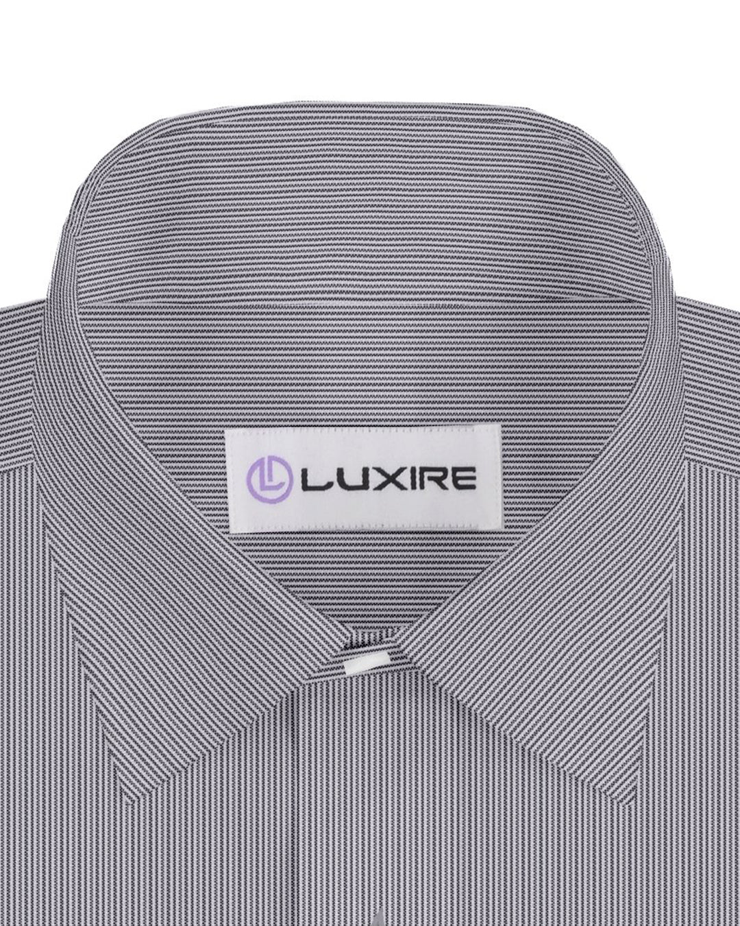 Collar of the custom linen shirt for men in black and white dress stripes by Luxire Clothing