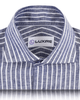 Collar of custom linen shirt for men in blue chambray with white stripes