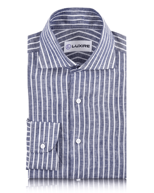 Front view of custom linen shirt for men in blue chambray with white stripes