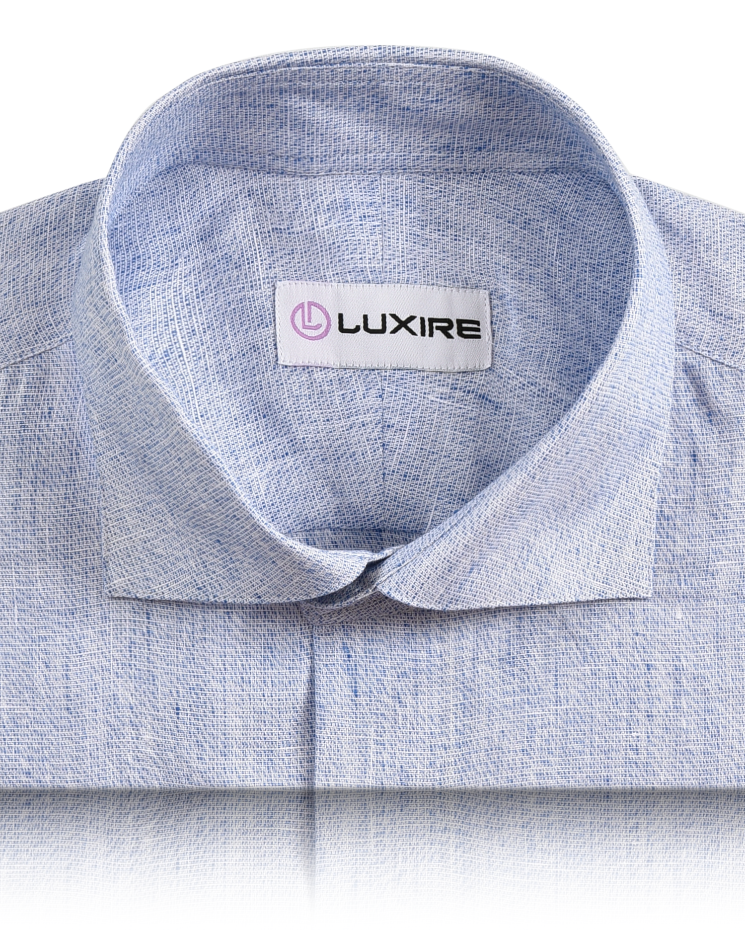 Collar of the custom linen shirt for men in lustrous blue by Luxire Clothing