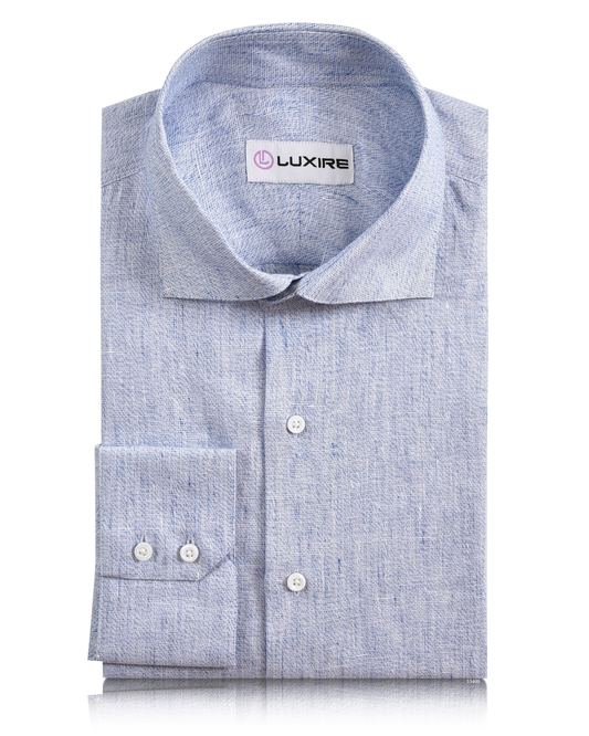 Front of the custom linen shirt for men in lustrous blue by Luxire Clothing