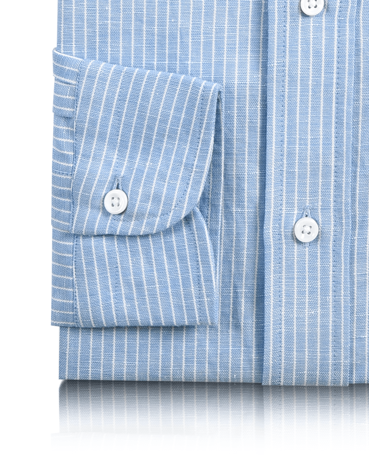 Cuff of the custom linen shirt for men in blue with white pinstripes by Luxire Clothing