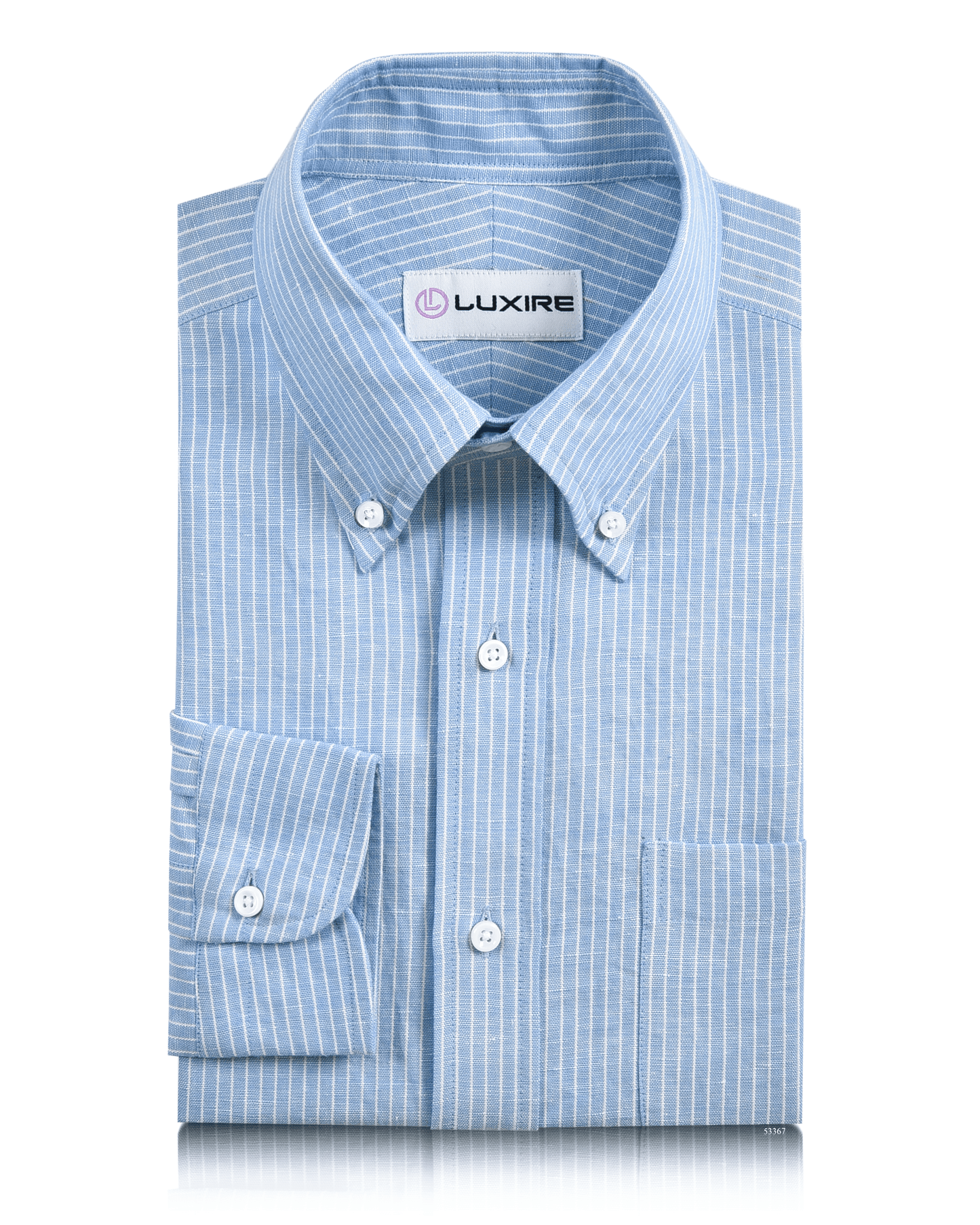 Front of the custom linen shirt for men in blue with white pinstripes by Luxire Clothing