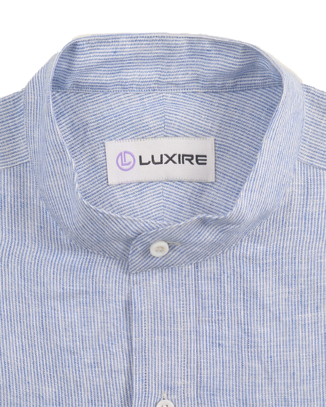 Collar of the custom linen shirt for men in blue and white dress stripe by Luxire Clothing