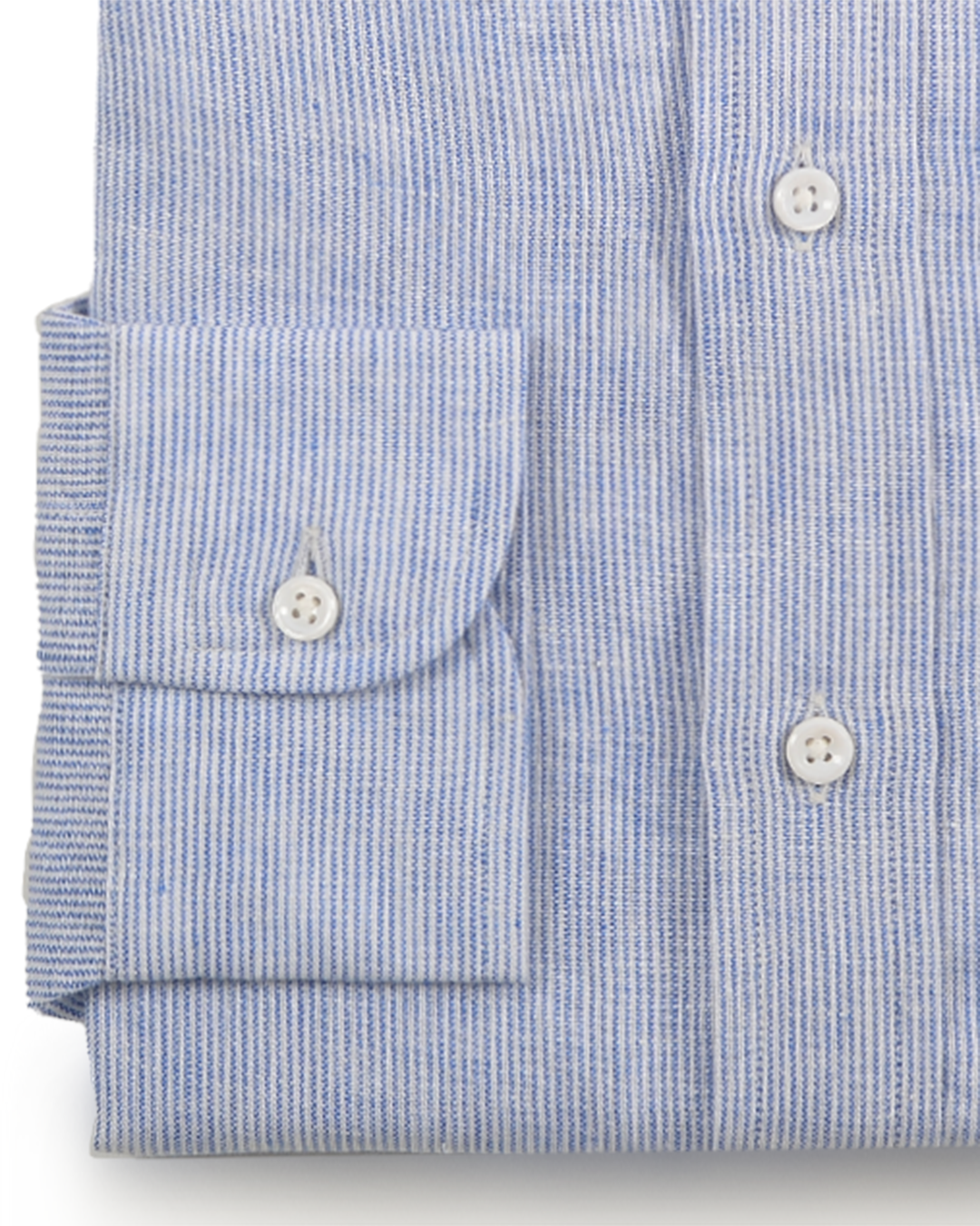Cuff of the custom linen shirt for men in blue and white dress stripe by Luxire Clothing