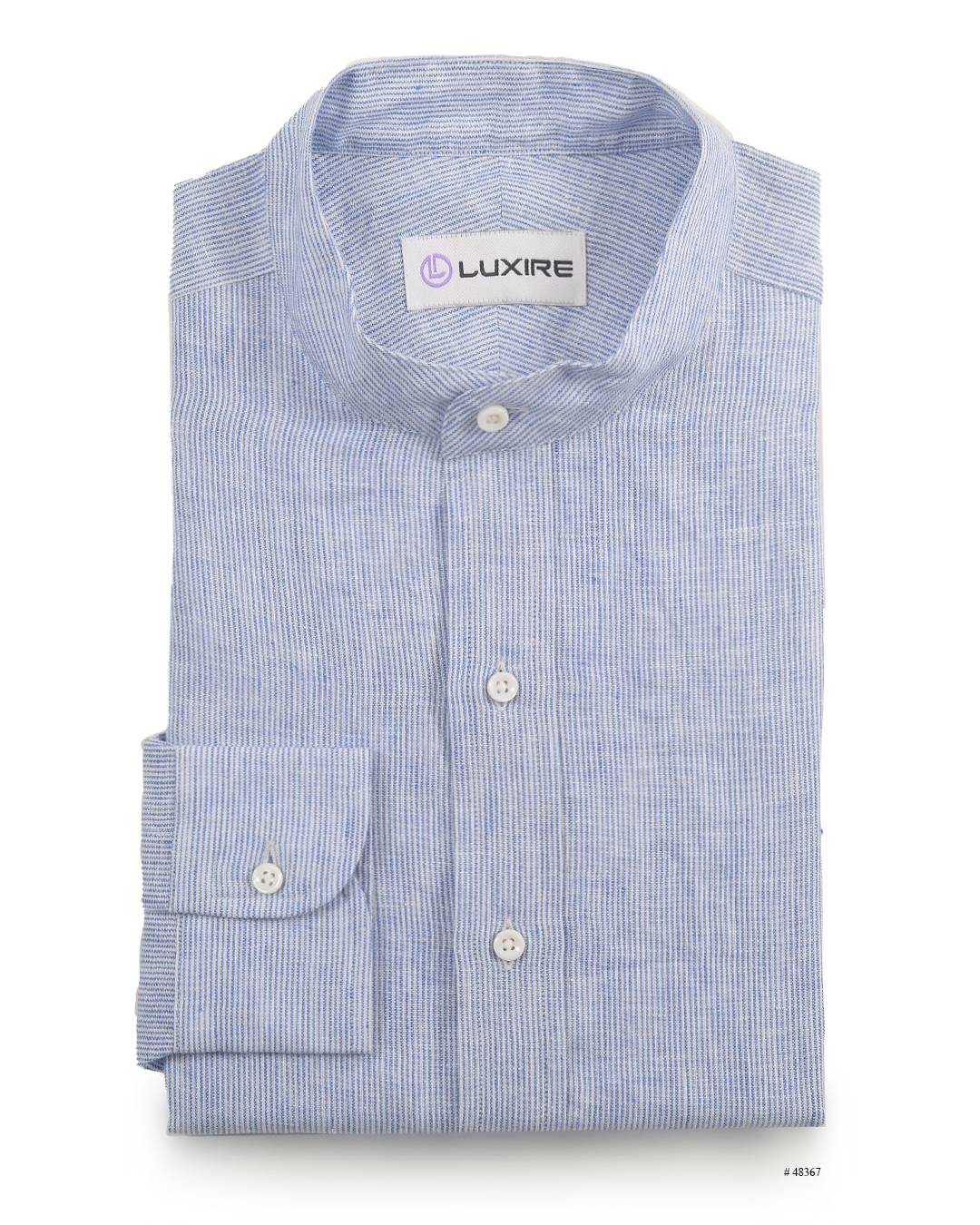 Front of the custom linen shirt for men in blue and white dress stripe by Luxire Clothing