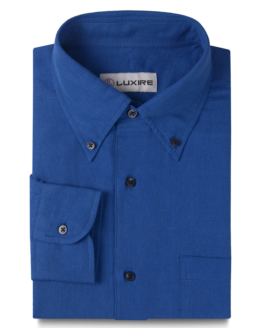 Front of custom linen shirt for men in casual blue by Luxire Clothing