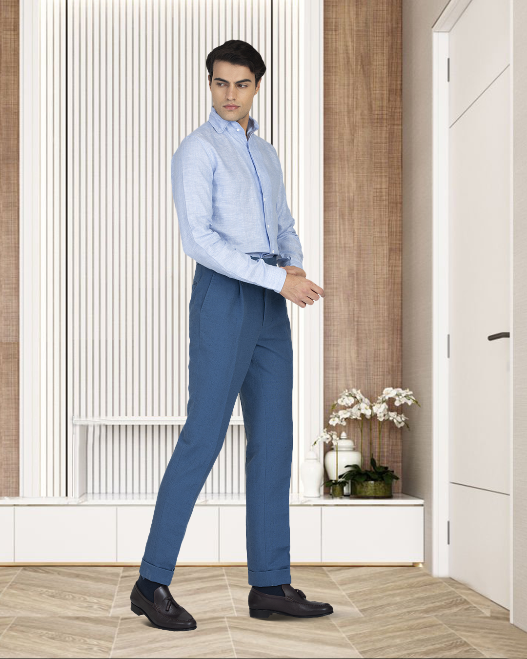 Linen Cotton: Light Blue Chambray one piece collar placket - 5