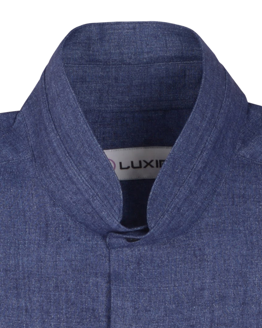 Collar of the custom linen shirt for men in denim indigo blue by Luxire Clothing