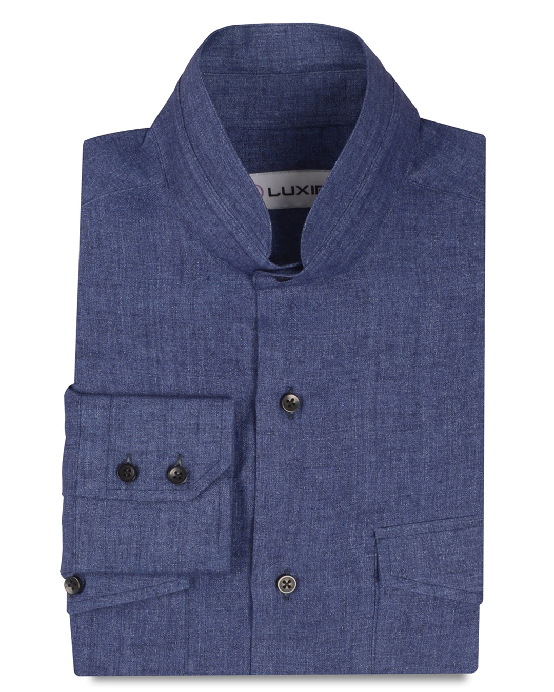 Front of the custom linen shirt for men in denim indigo blue by Luxire Clothing