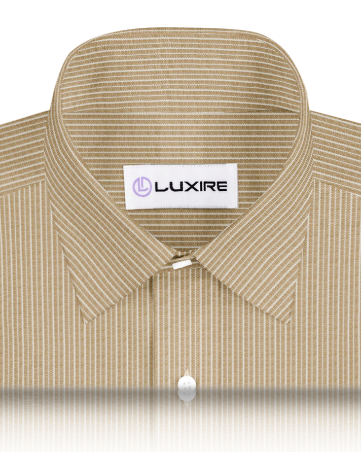 Collar of the custom linen shirt for men in ecru with white stripes by Luxire Clothing