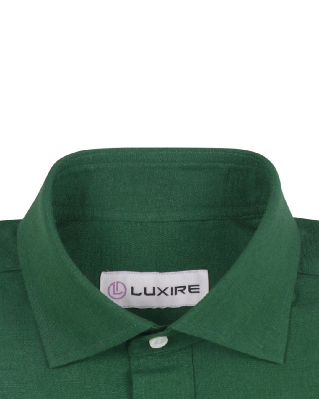Collar of custom linen shirt for men in forrest green by Luxire Clothing