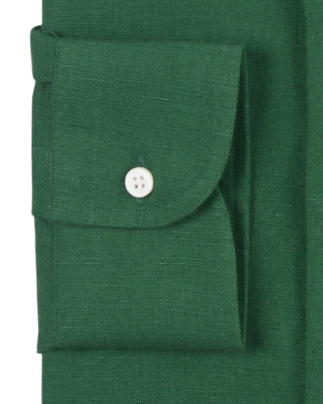 Cuff of custom linen shirt for men in forrest green by Luxire Clothing
