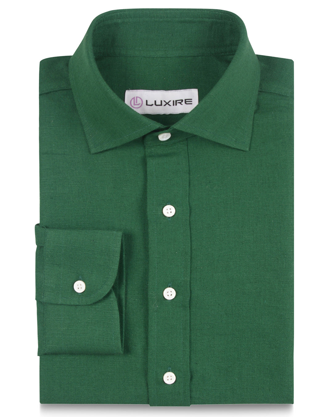 Front of custom linen shirt for men in forrest green by Luxire Clothing