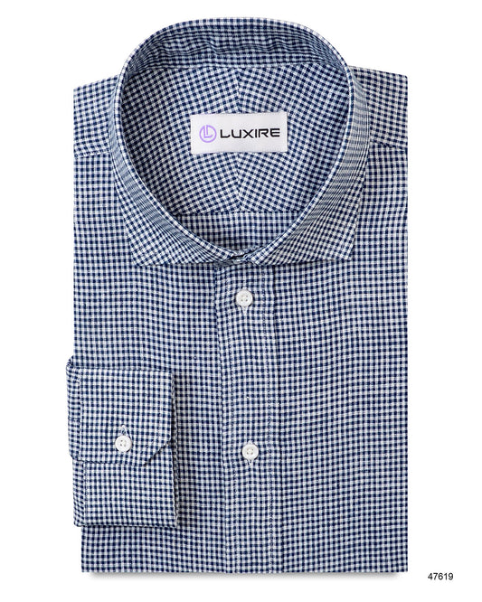 Front of the custom linen shirt for men in blue and white gingham by Luxire Clothing