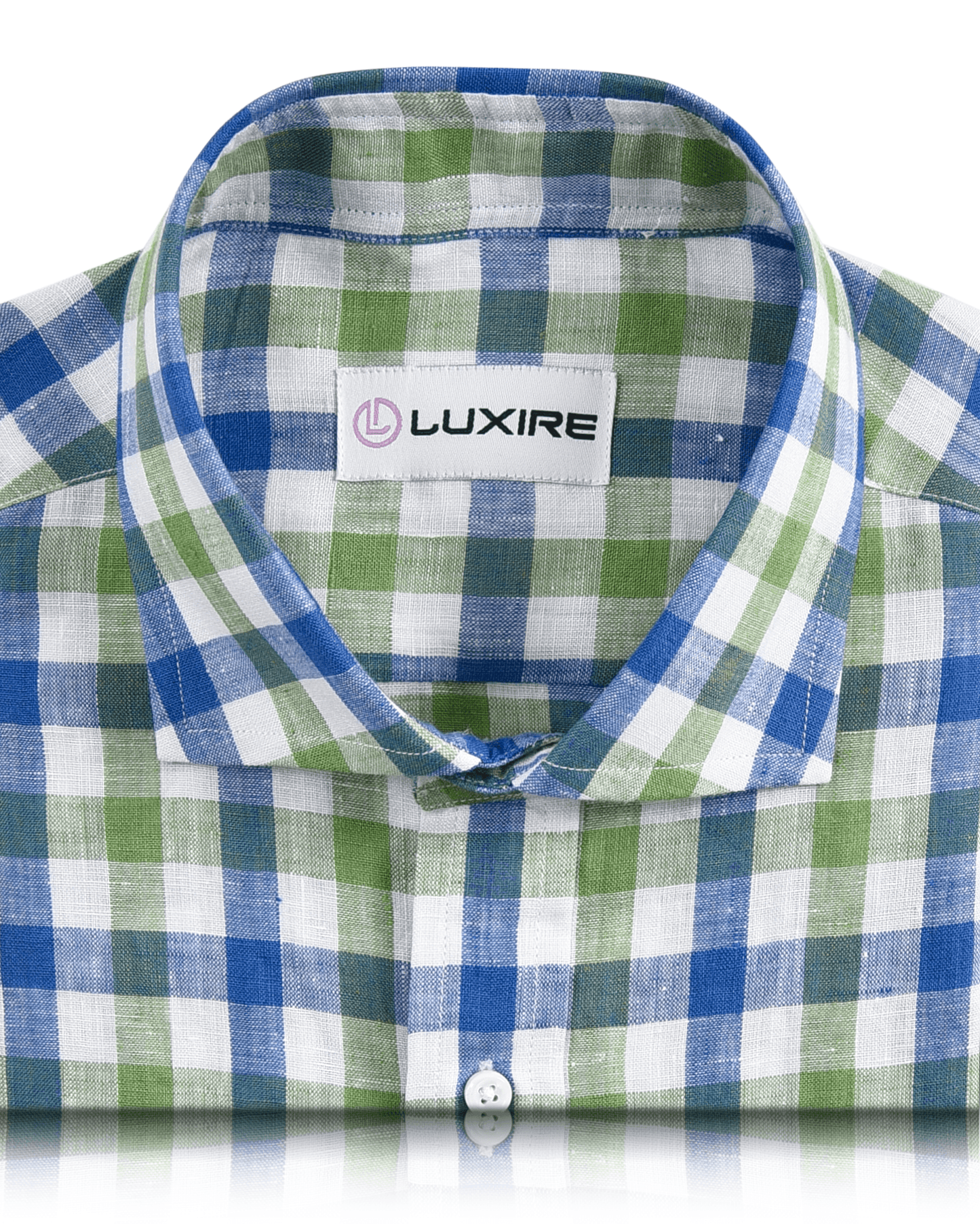 Front close up view of custom linen shirt for men by Luxire in green and blue gingham