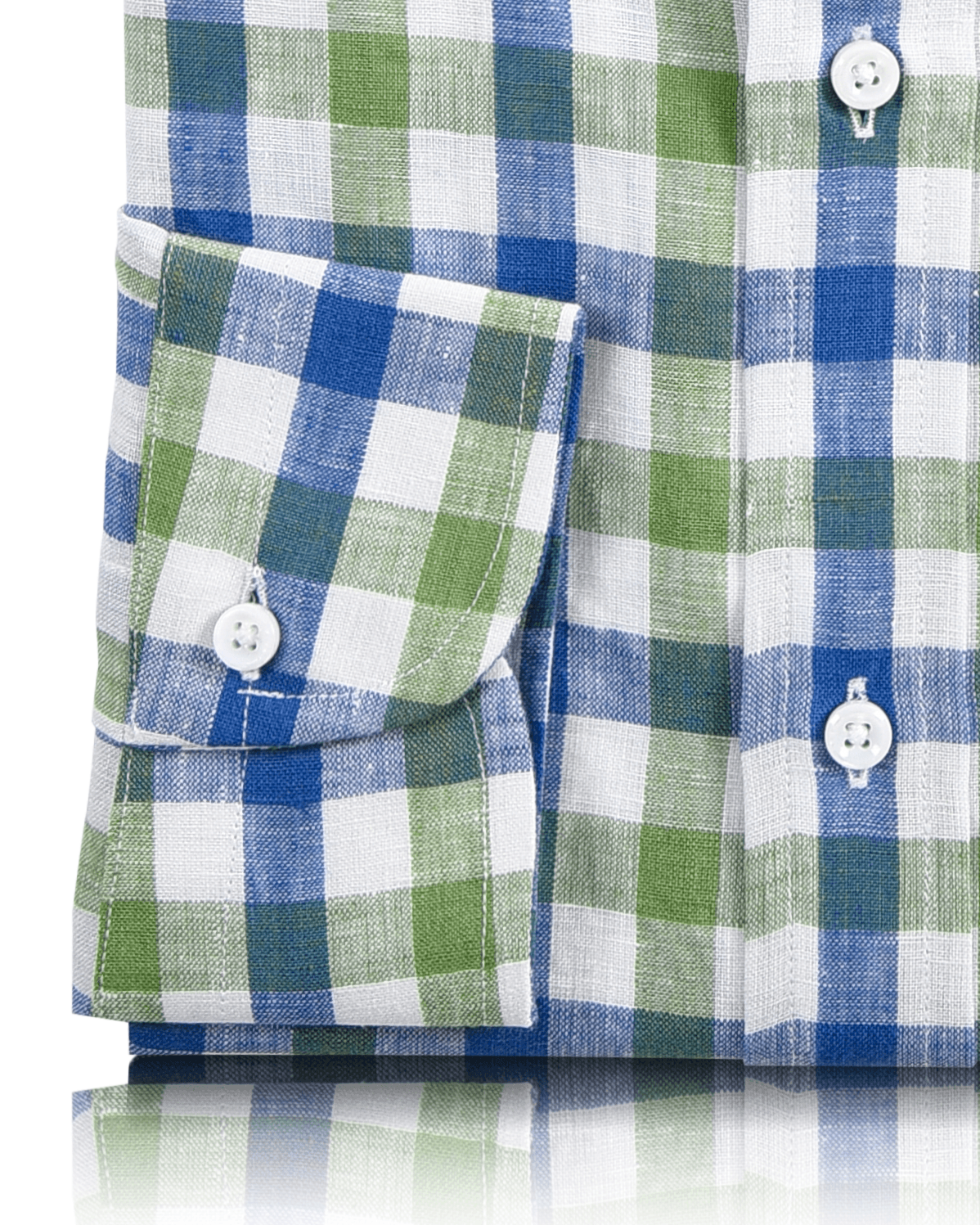 Cuff of custom linen shirt for men by Luxire in green and blue gingham