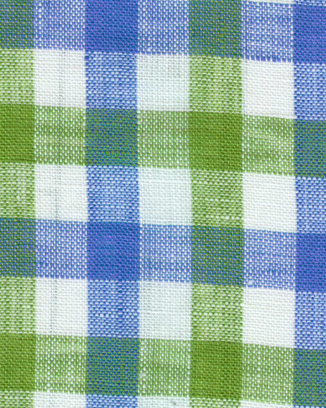 Close up view of custom linen shirt for men by Luxire in green and blue gingham