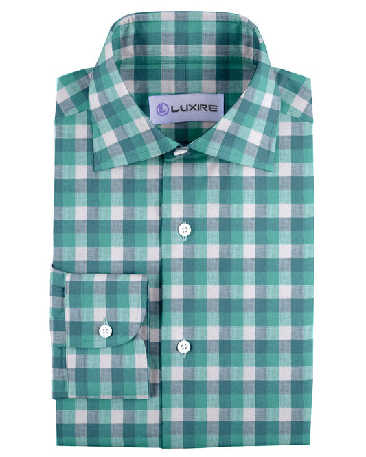Front of the custom linen shirt for men in shades of green by Luxire Clothing