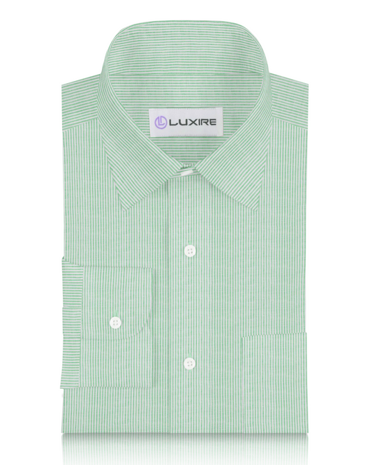 Close up of the custom linen shirt for men in green dress stripes by Luxire Clothing