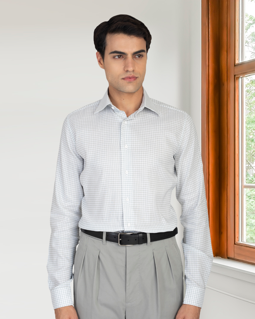 Greenish- Grey Linen Gingham Shirt - 9