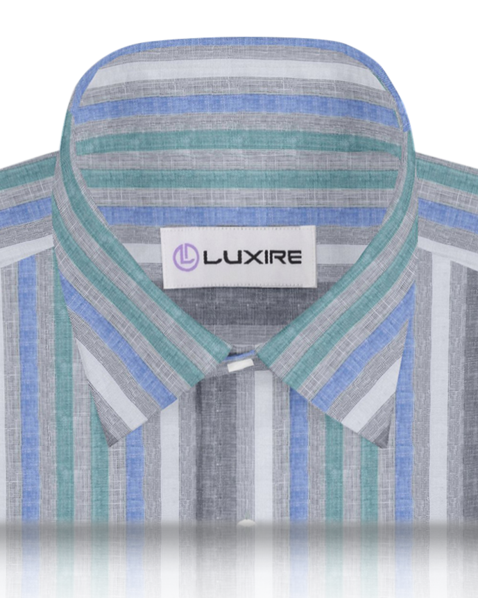 Linen: Green Blue White Tape Stripes On Grey Madras Shirt - 2