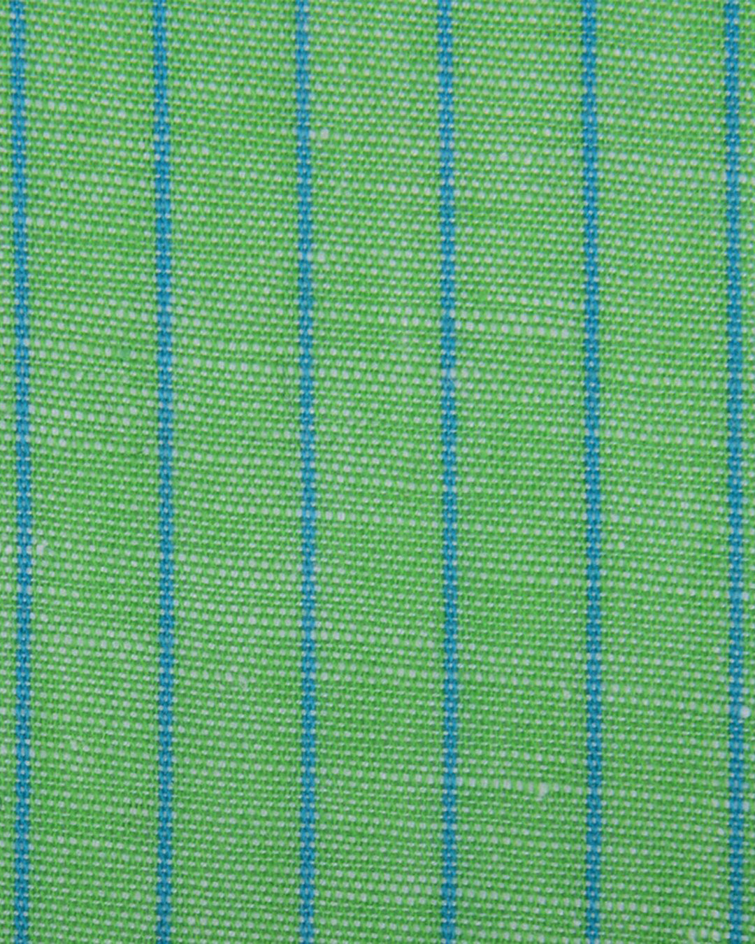 Close up of the custom linen shirt for men in green with blue pencil stripes by Luxire Clothing