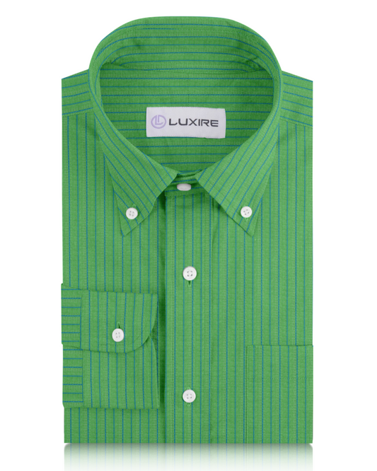 Front of the custom linen shirt for men in green with blue pencil stripes by Luxire Clothing