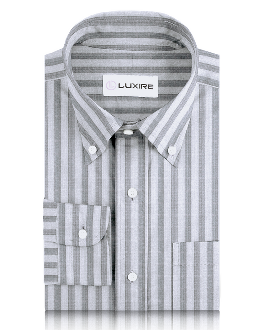 Front of custom linen shirt for men in grey stripes on white by Luxire Clothing