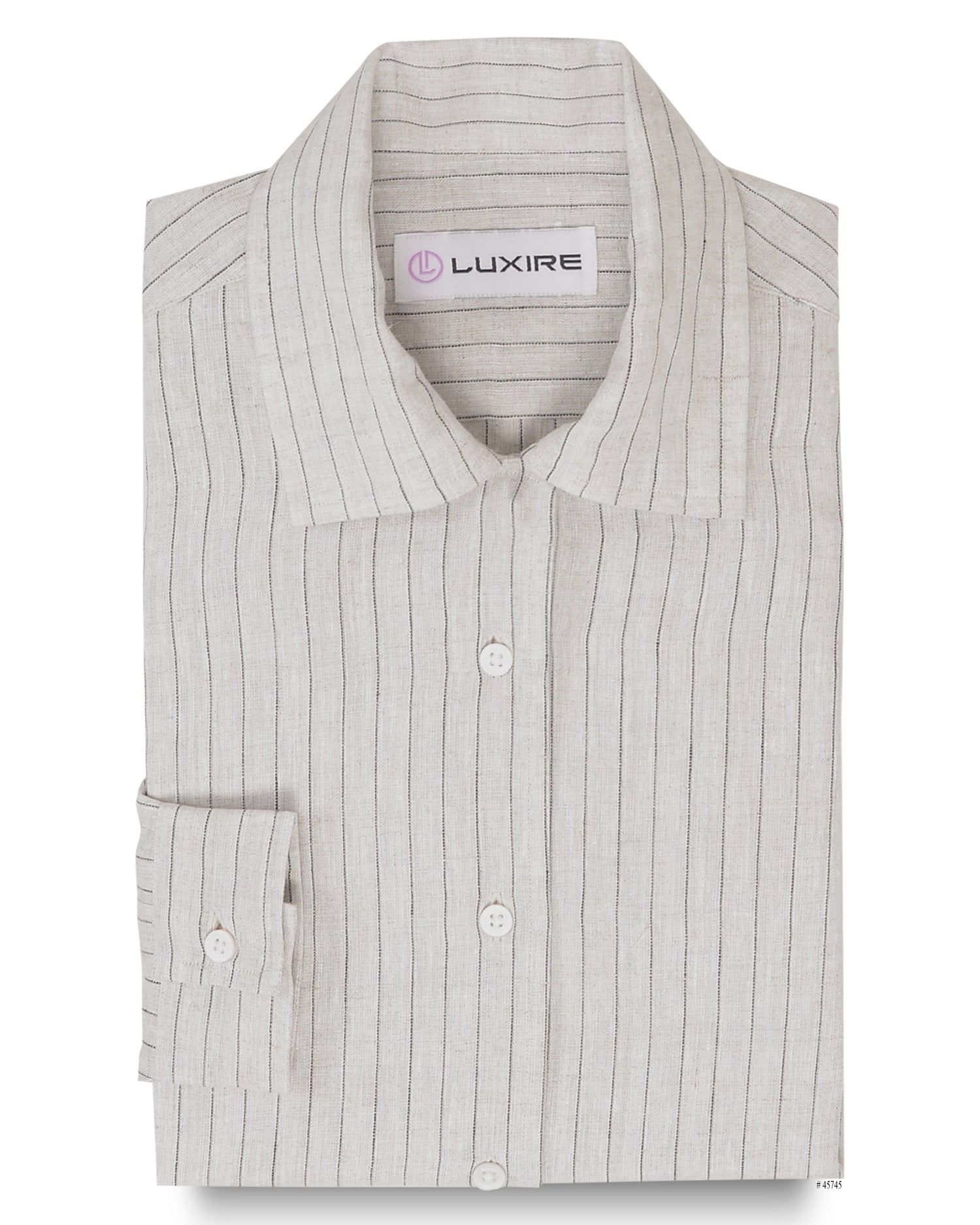 Front of the custom linen shirt for men in lamb beige with wide stripes by Luxire Clothing