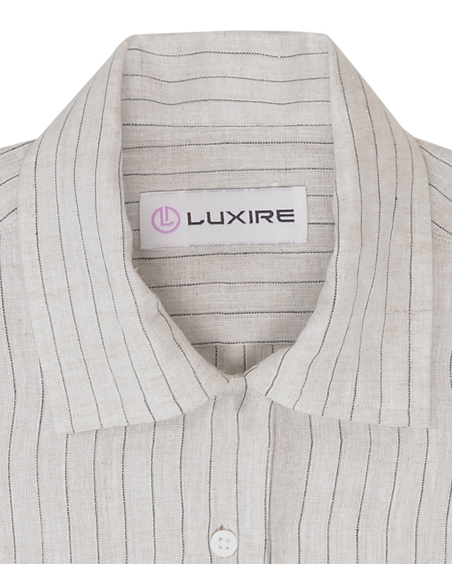 Collar of the custom linen shirt for men in lamb beige with wide stripes by Luxire Clothing