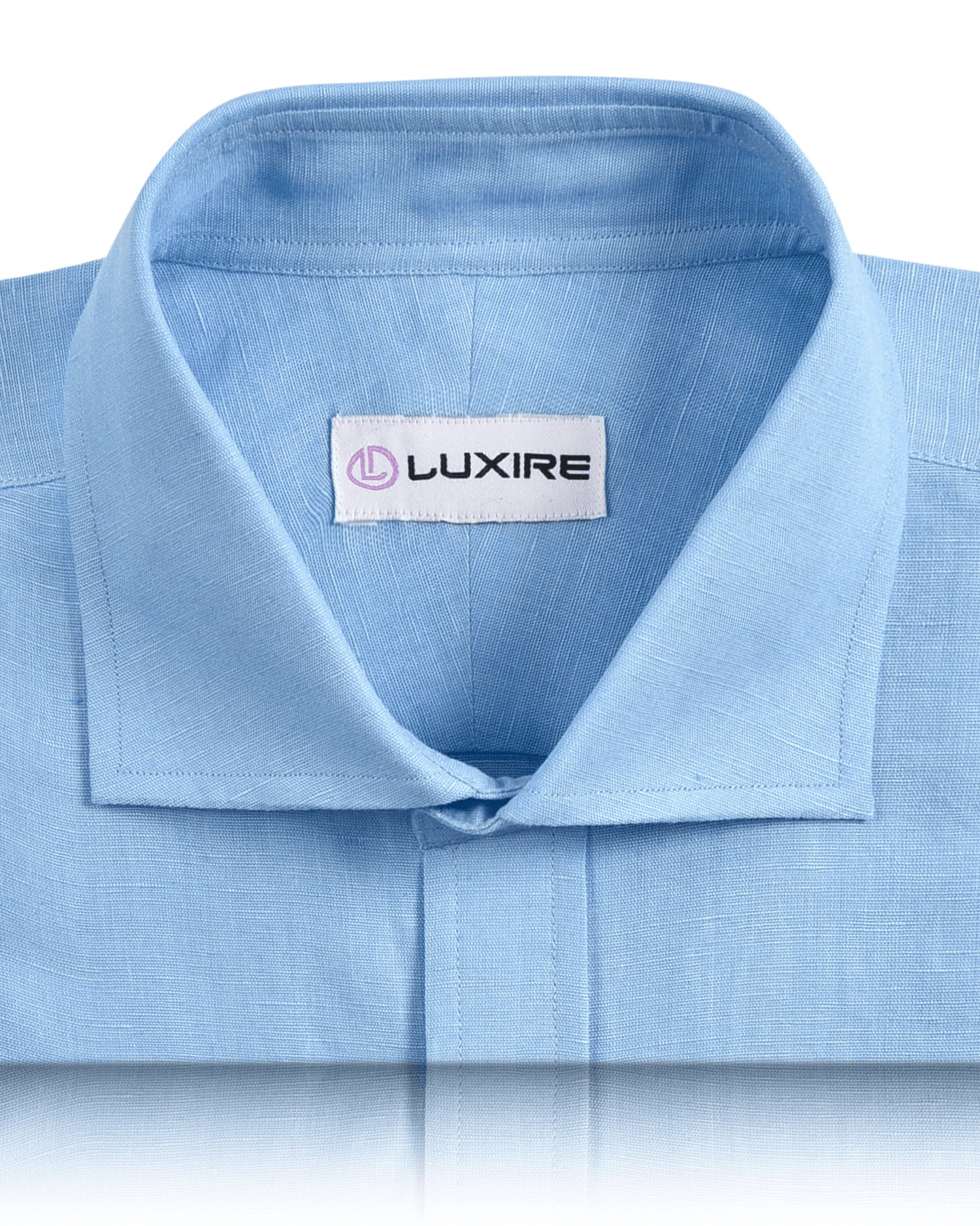 Collar of the custom linen shirt for men in mid blue by Luxire Clothing