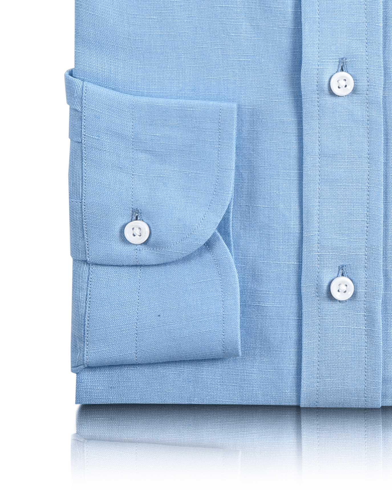 Cuff of the custom linen shirt for men in mid blue by Luxire Clothing