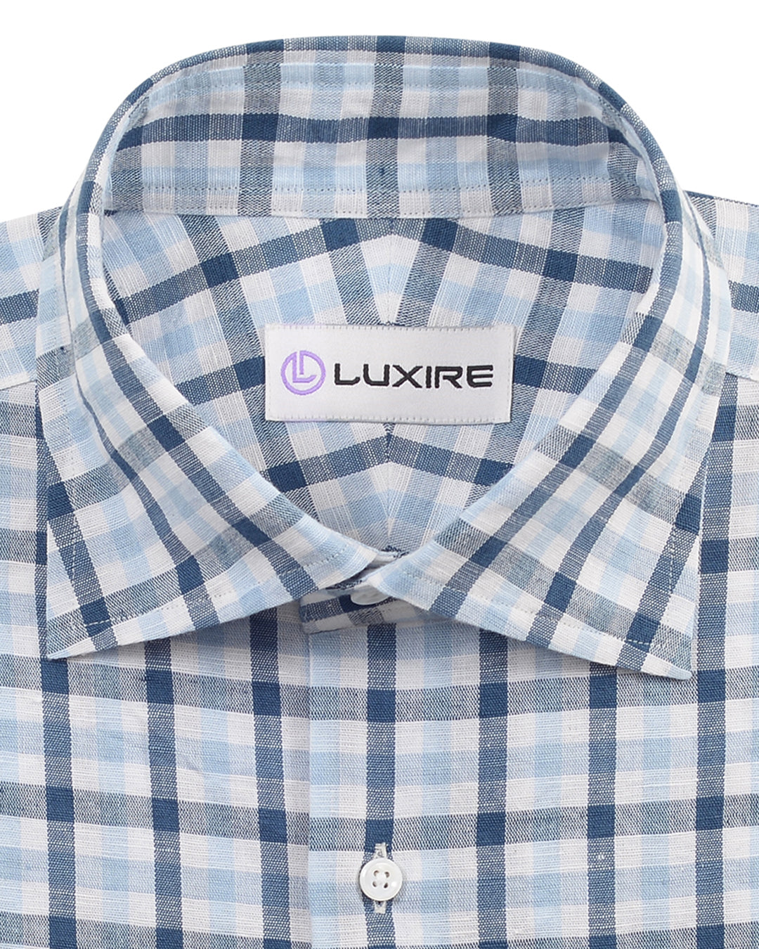 Collar of the custom linen shirt for men in shades of blue checks by Luxire Clothing