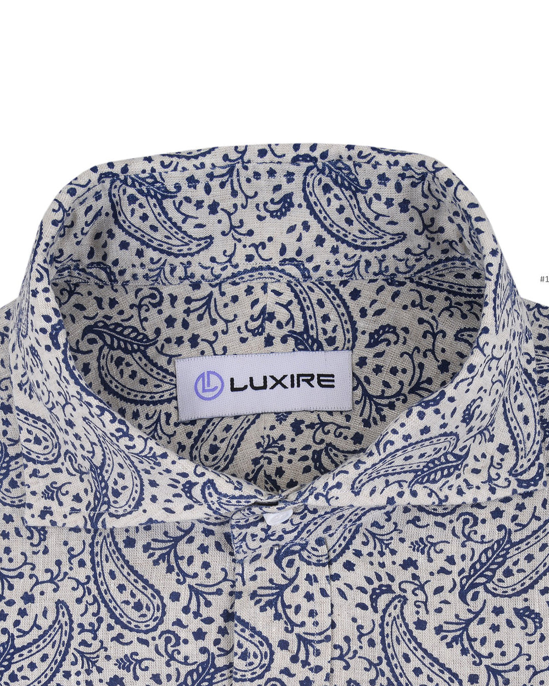 Collar of custom linen shirt for men in navy printed paisley 2