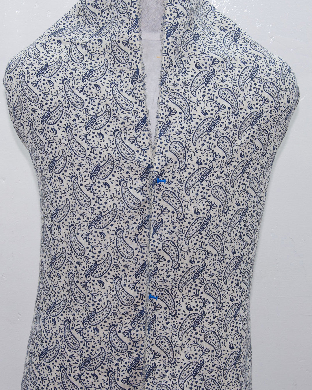 Front model view of custom linen shirt for men in navy printed paisley