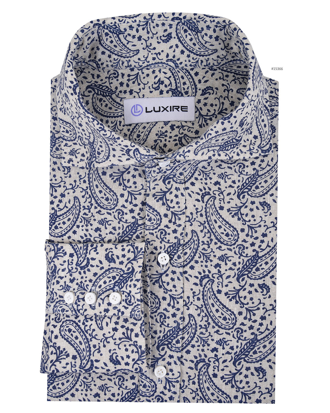 Front view of custom linen shirt for men in navy printed paisley