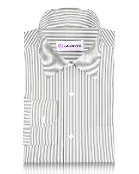Front of the custom linen shirt for men in olive green pinstripe by Luxire Clothing
